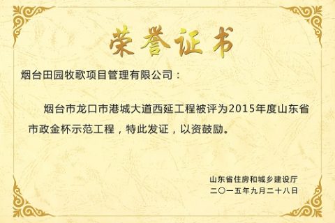 龙口市港城大道西延工程—荣誉证书